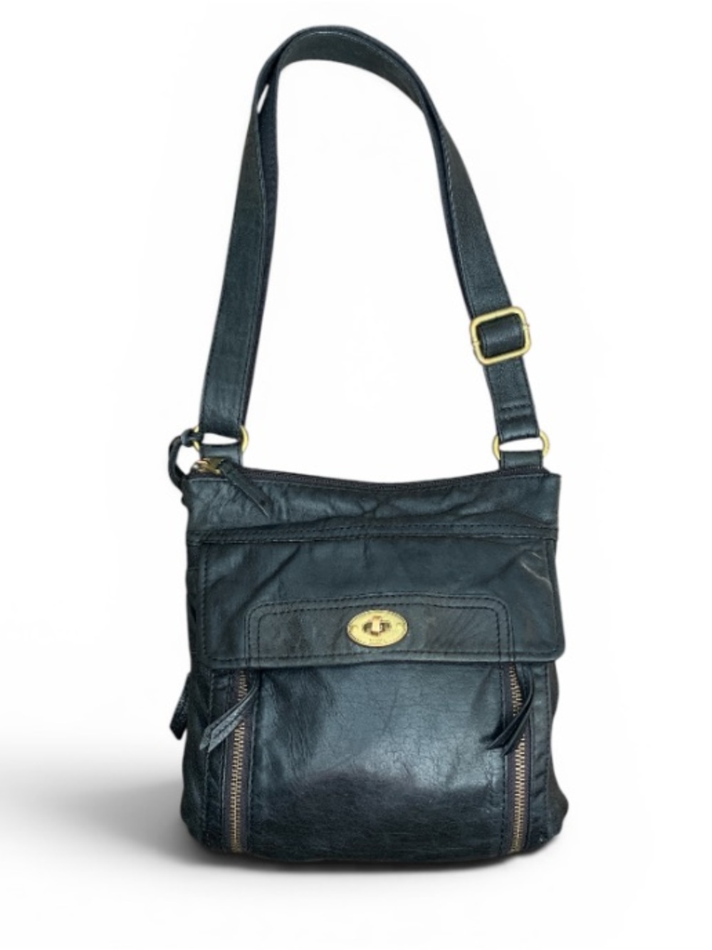 FOSSIL Explorer Black Lambskin Leather "Long Live Vintage" Crossbody Bag ZB5524